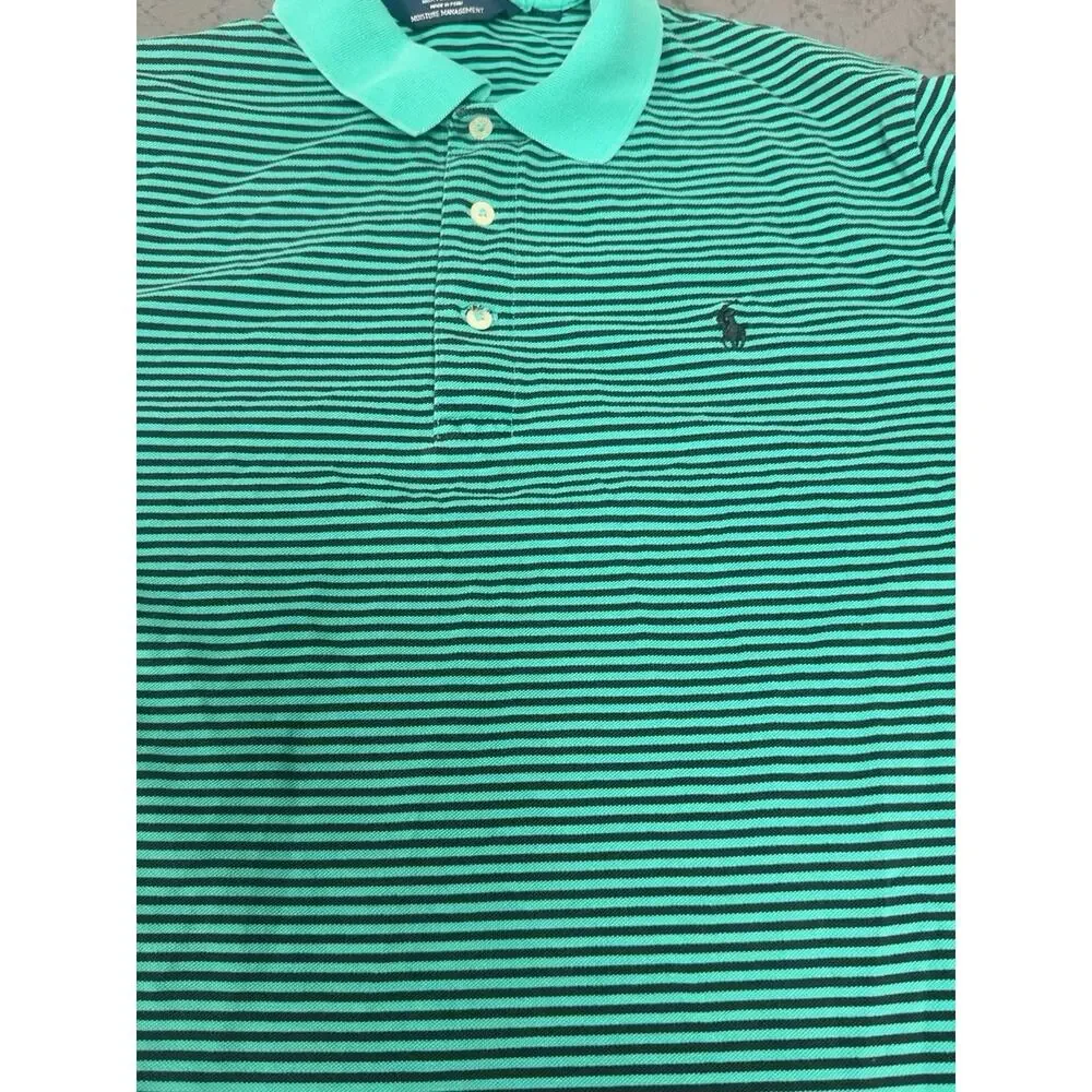 Polo Golf Ralph Lauren Mens L Polo Shirt Green Black Stripe Cotton Pony Logo